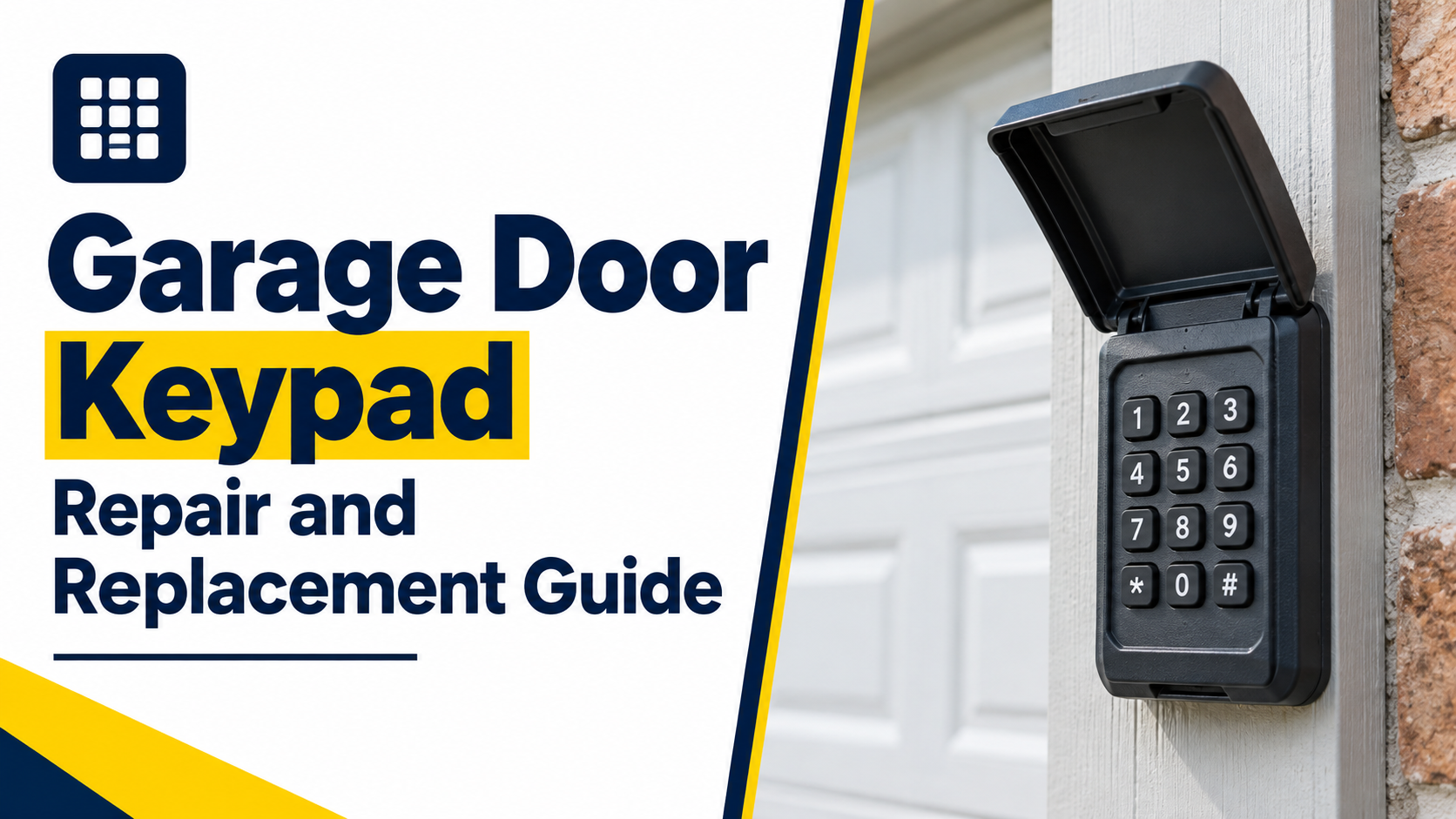 Black exterior garage door keypad with its cover open beside a navy and yellow repair and replacement guide headline.
