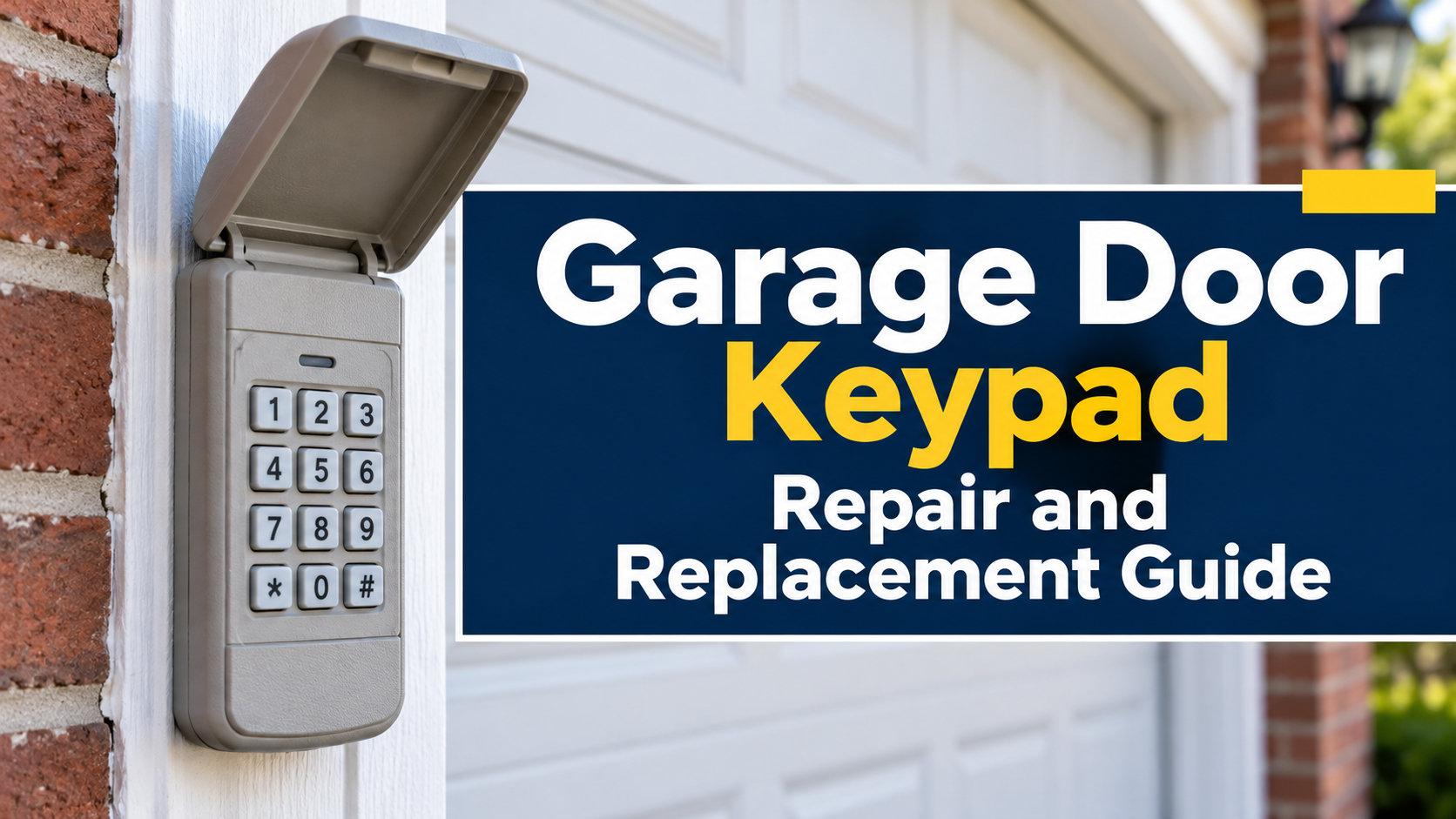 Exterior garage door keypad with its cover open beside a navy and yellow repair and replacement guide headline.