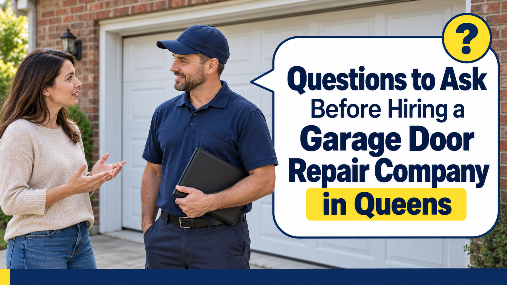 Homeowner speaking with a technician outside a garage beside questions to ask before hiring a garage door repair company in Queens.