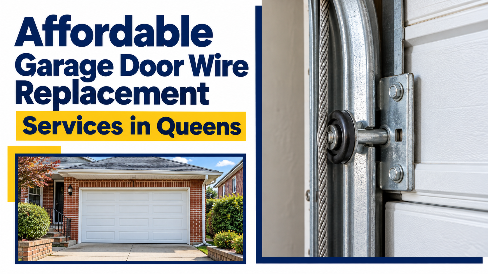 Garage door lift cable and roller close-up beside a Queens brick garage, promoting affordable wire replacement services.
