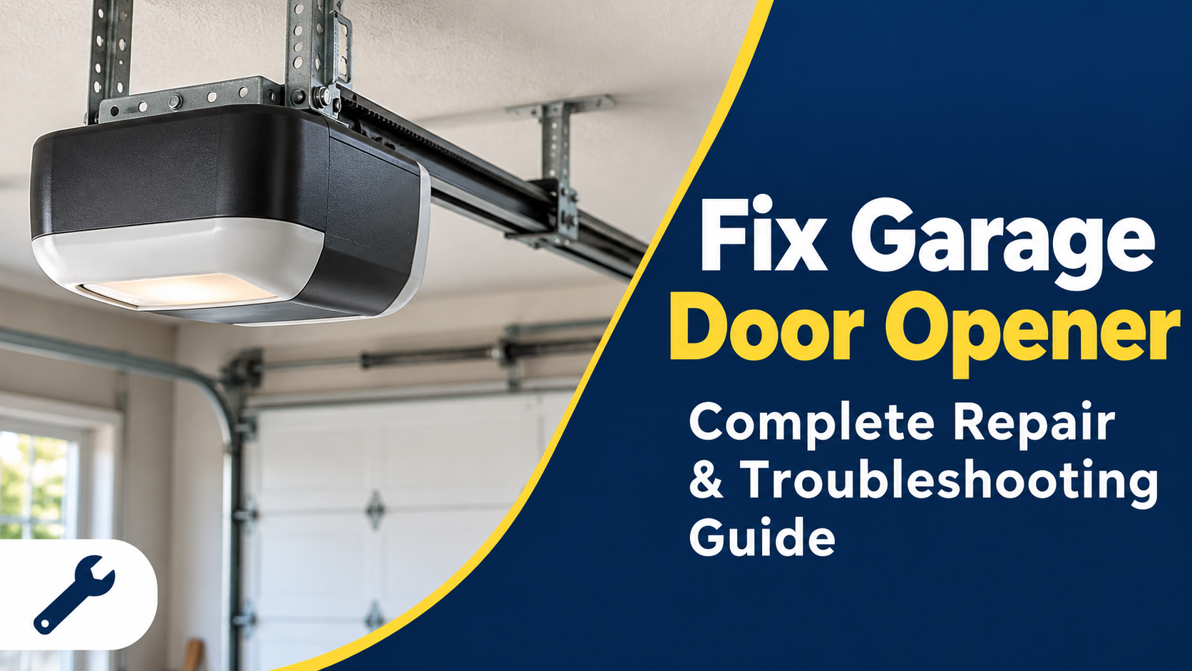 Ceiling-mounted garage door opener beside a navy and yellow headline for a complete repair and troubleshooting guide.