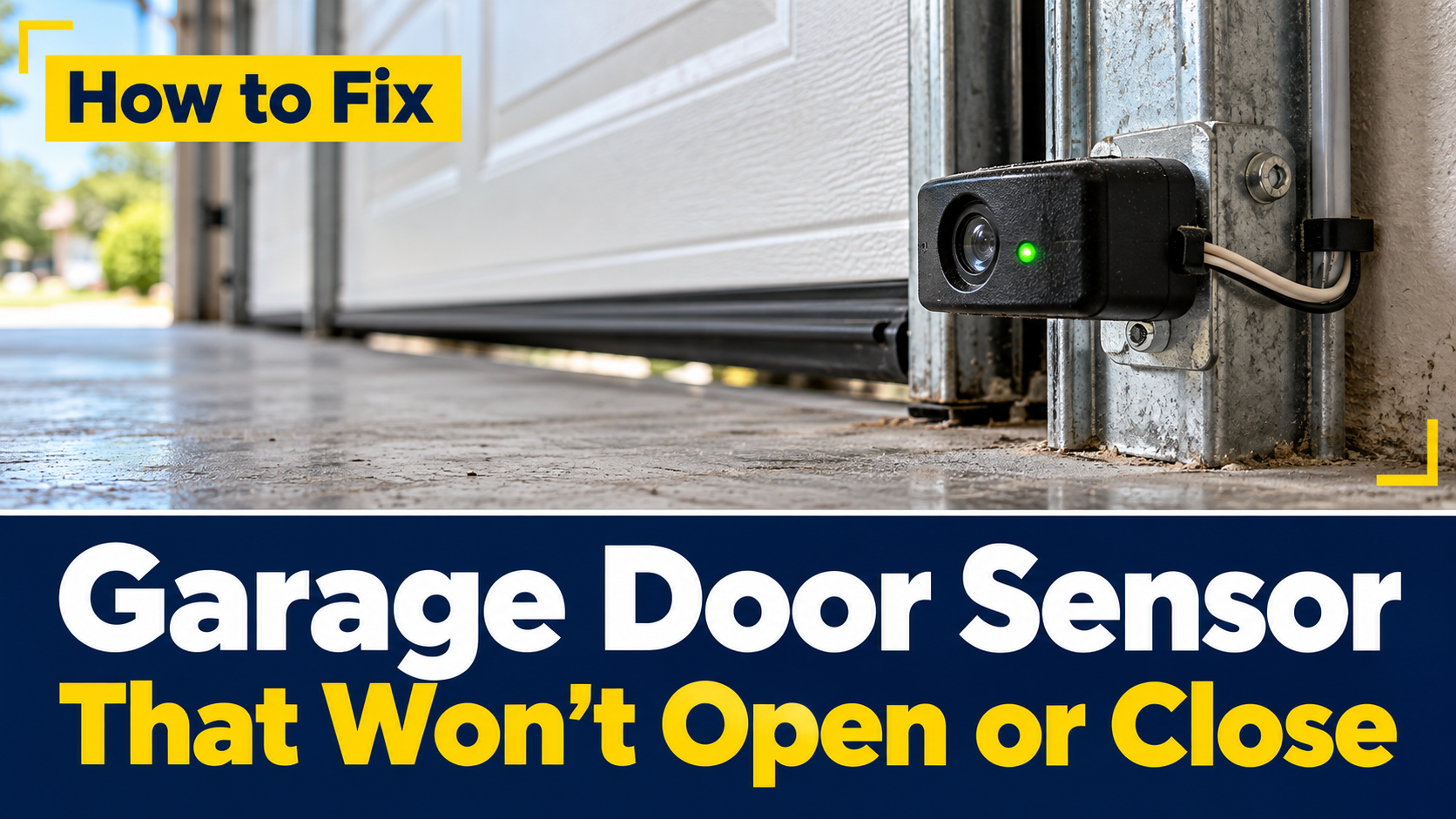 Close-up of a garage door safety sensor with a green indicator light beside the door track, above a troubleshooting headline.