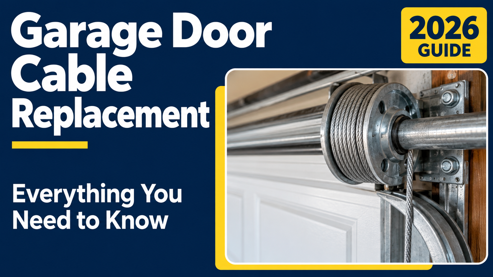 Close-up of a garage door cable and drum beside a navy and yellow headline for a 2026 cable replacement guide.