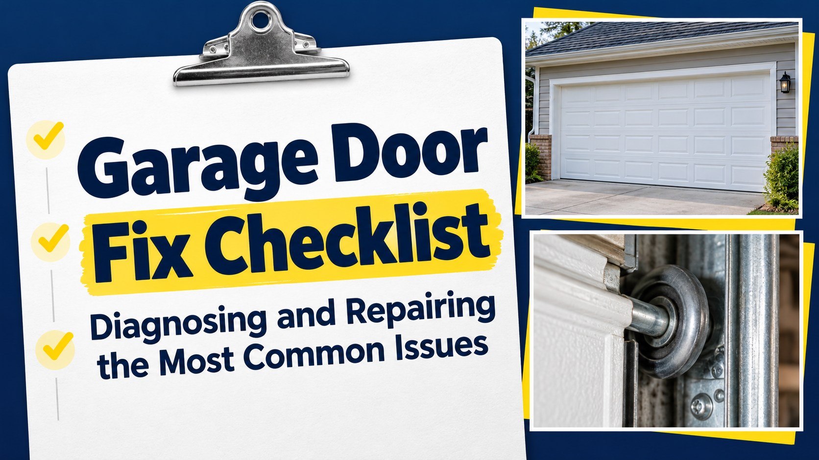 Garage door repair checklist with photos of a white sectional garage door and a close-up of a roller and track.