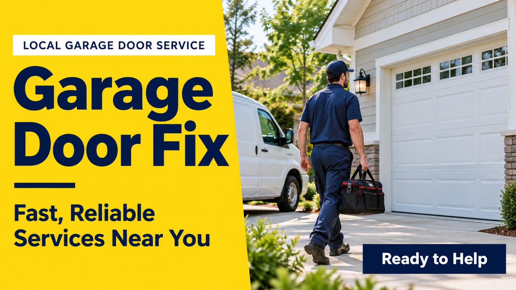 Technician carrying a tool bag toward a residential garage, beside a yellow panel promoting local garage door repair services.