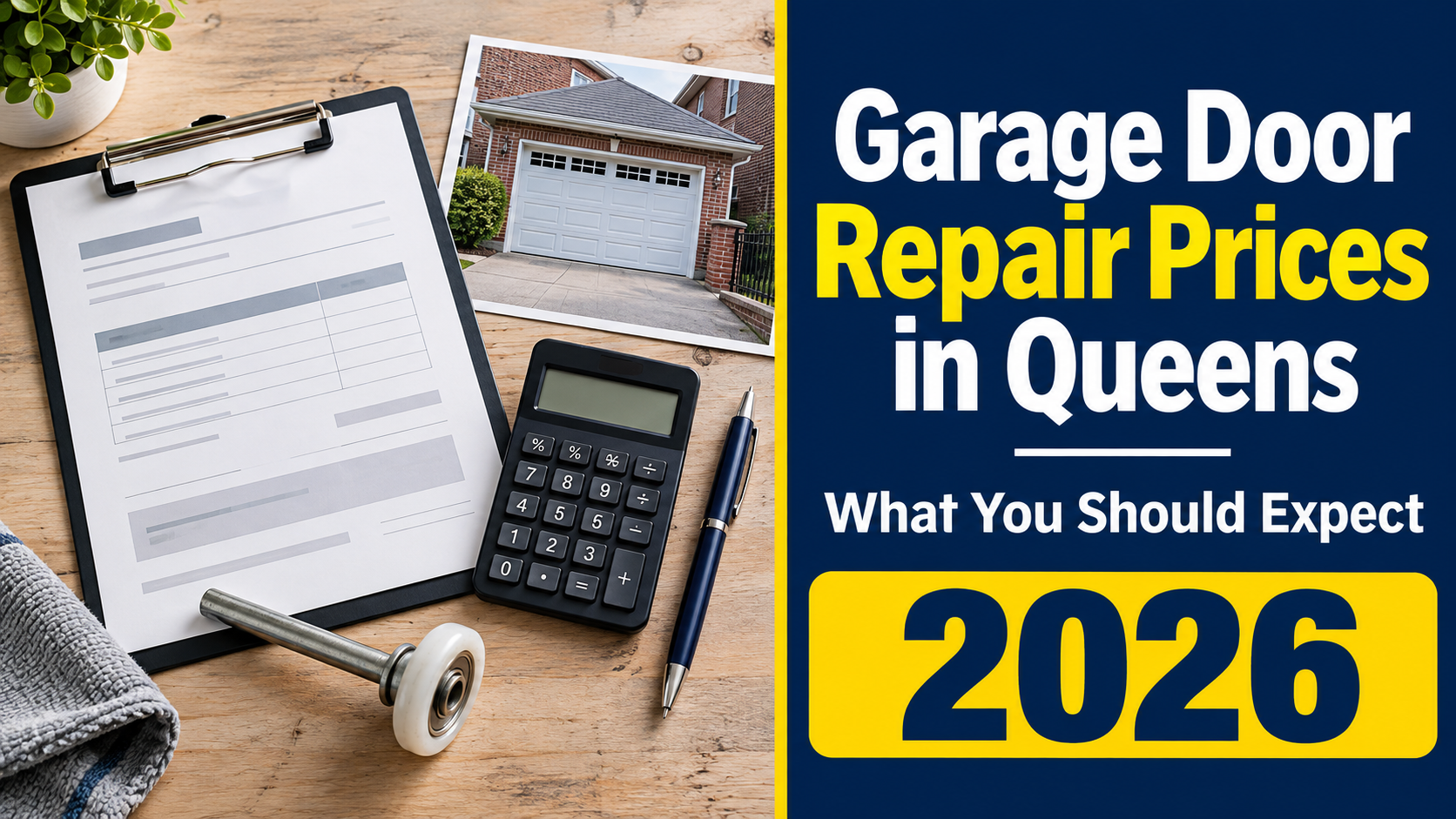 Repair estimate, calculator, and garage door roller beside a navy and yellow headline about garage door repair prices in Queens for 2026.