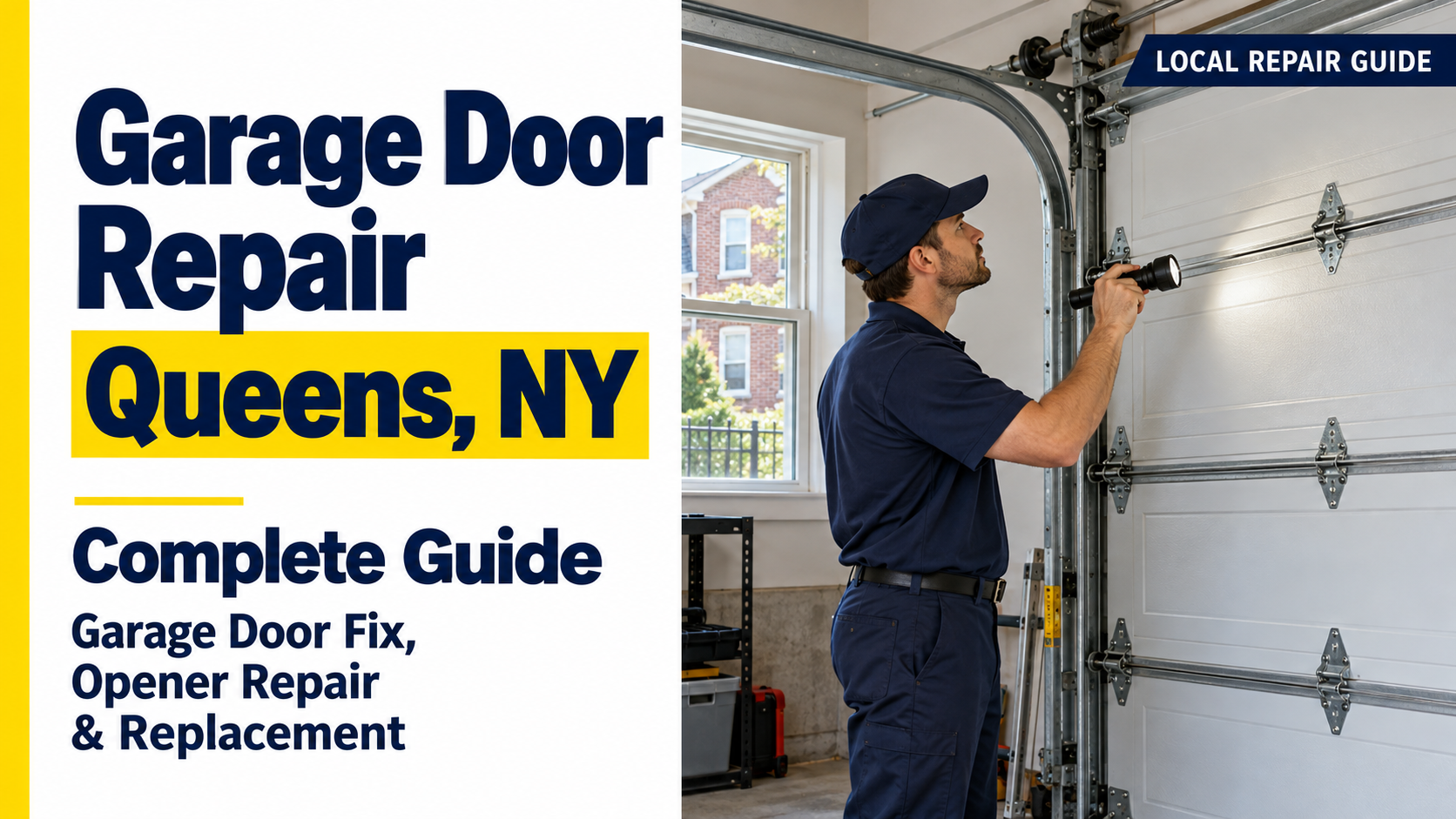 Technician inspecting a sectional garage door with a flashlight beside a Queens, NY garage door repair guide headline.