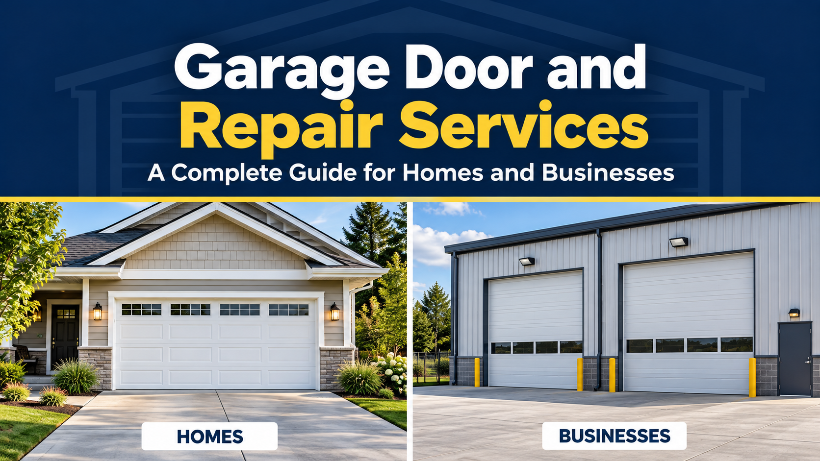 Residential garage door and commercial overhead doors beneath a headline introducing garage door repair services for homes and businesses.