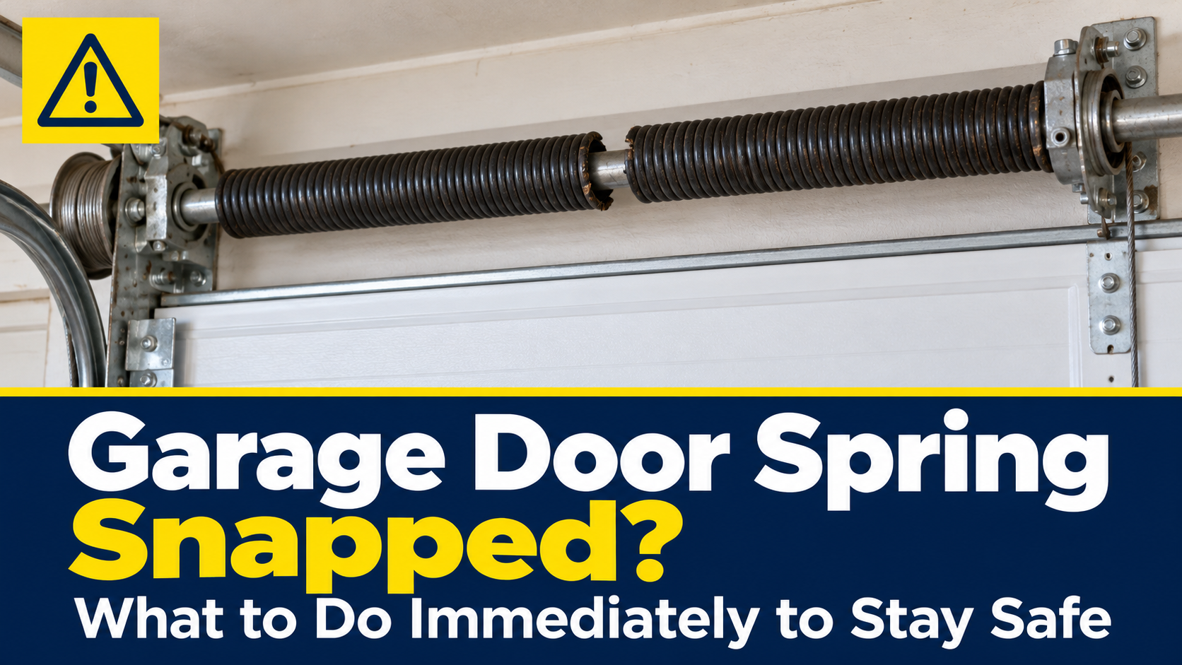 Close-up of a snapped garage door torsion spring above a closed door, with a warning icon and safety guide headline.