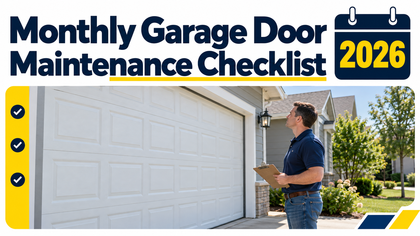 Homeowner inspecting a white garage door with a clipboard beneath a monthly maintenance checklist headline and 2026 calendar icon.